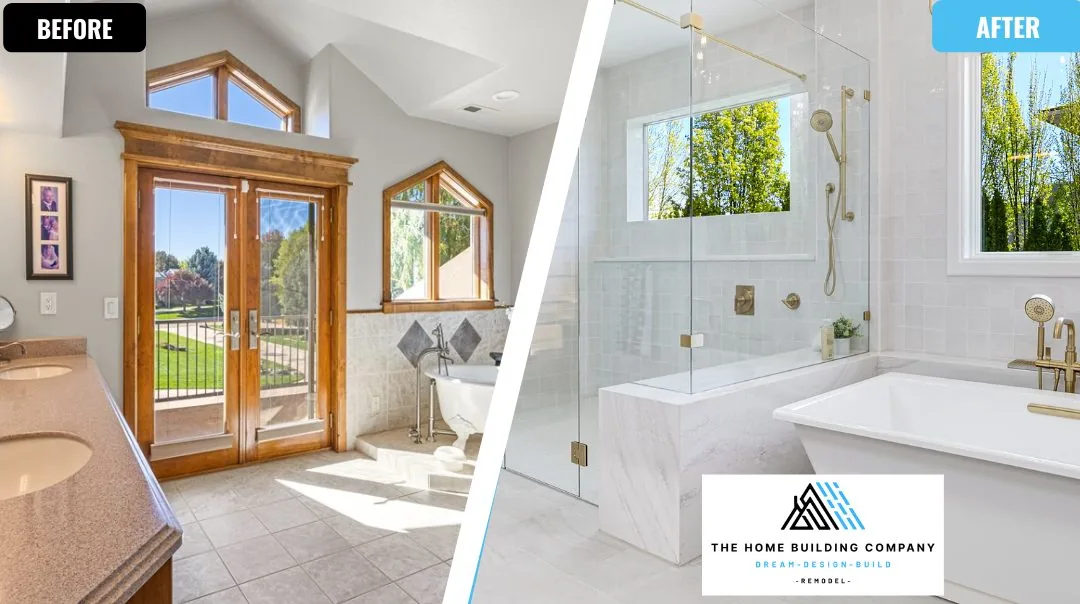Primary bathroom before and after