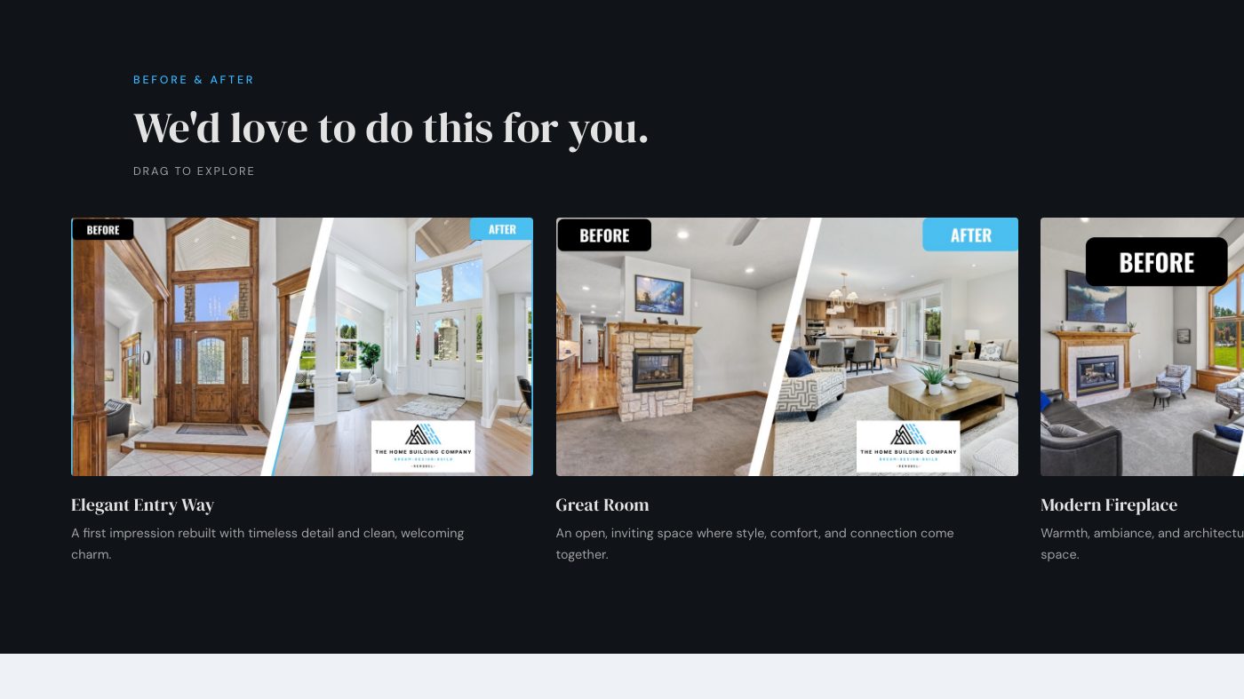The before and after gallery of the new homepage